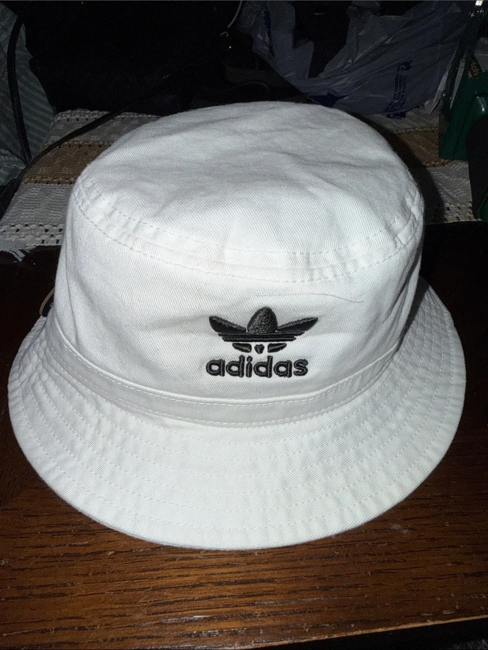adidas White and Black Trefoil Bucket Hat youth size